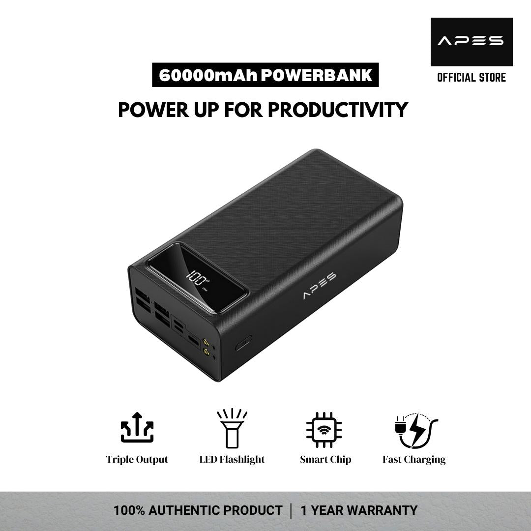 100% APES ORIGINAL 60000MAH Powerbank Full Capacity 4 USB charge Ports