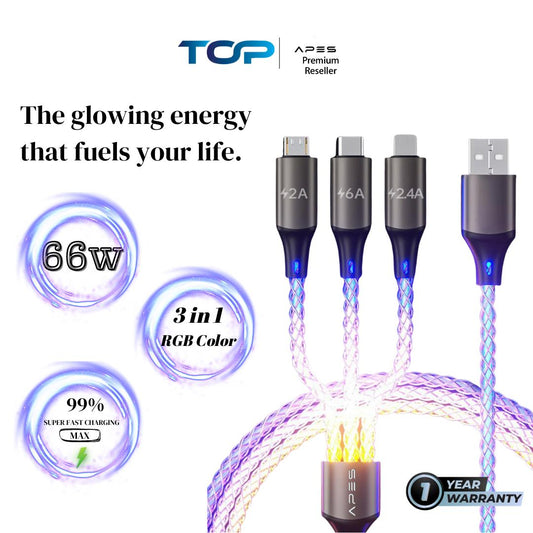 ORIGINAL APES 100% 3 in 1 6A 66W RGB Glowing Fast Charging Cable